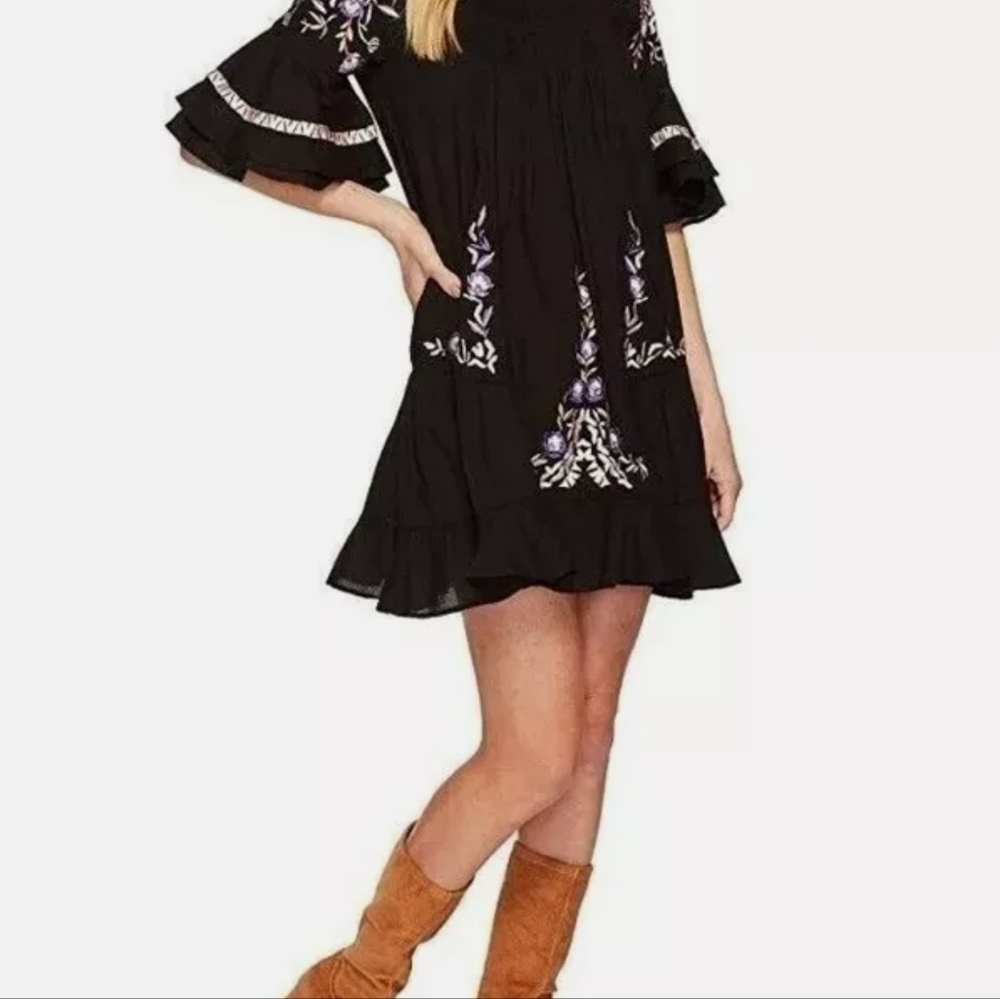 Free People Pavlo Cotton Embroidered Black Flounce Fairycore Dress Sz XS - Picture 10 of 10